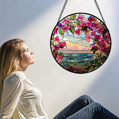 Stained Glass Window Hanging, Purple Flower Landscape Wreath Sun Catcher for Door Home Decor Plants Suncatcher Christmas Mother's Day Birthday Gifts for Women Men Mom Nana 11.8 in