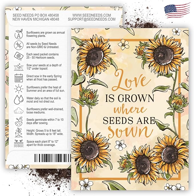 Seed Needs Heirloom Sunflower Seed Packet Favors for Party Events - Pre-Filled & Ready to Hand Out - Great for Weddings, Bridal Showers, Memorials, Fundraisers (100 Packets)