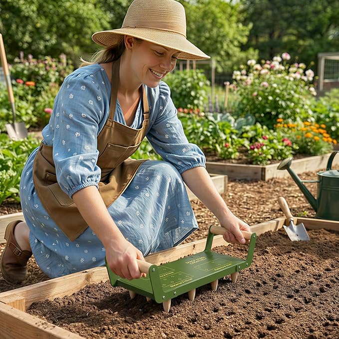 Seed Spacer Tool - Innovative Steel Gardening Template for Organized Planting & Bigger Yields – DIY Layout with Interchangeable Pegs, Ergonomic Wooden Handle