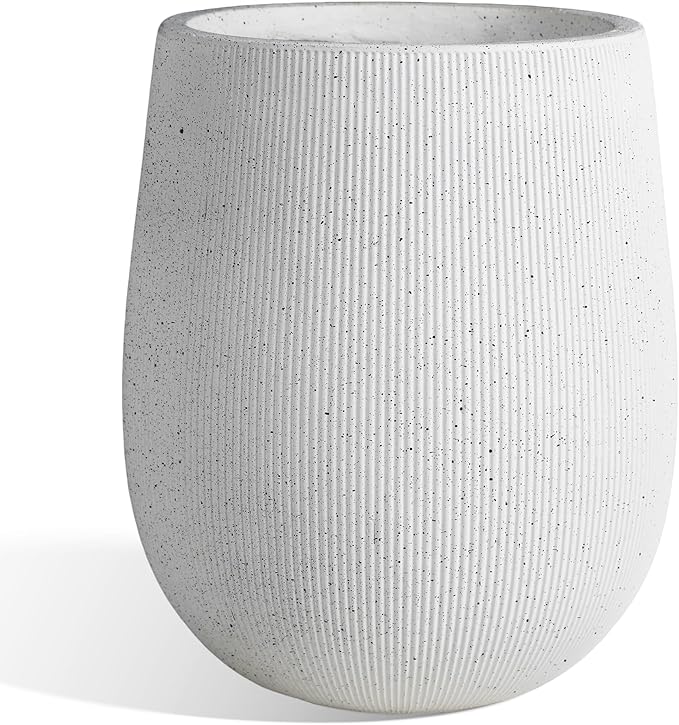 Worth Garden White Large Round Planter, 12.5" Dia x 18.5" H Lightweight Magnesium Oxide Cement Plant Pot with a Striped Textured Finish, Raised Pattern Concrete Look, Drainage Hole, Indoor & Outdoor