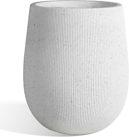 Worth Garden White Large Round Planter, 12.5" Dia x 18.5" H Lightweight Magnesium Oxide Cement Plant Pot with a Striped Textured Finish, Raised Pattern Concrete Look, Drainage Hole, Indoor & Outdoor