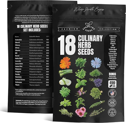 Culinary Herb Seeds Variety Pack – Basil, Cilantro, Parsley, Oregano, Rosemary & Thyme – 18 Varieties, 4100+ Non-GMO Heirloom Seeds, Indoor & Outdoor Growing