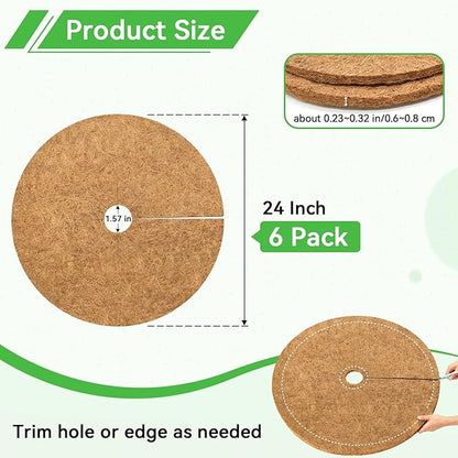 ZeeDix 6 Pack Coconut Fiber Mulch Ring, 24 Inch Coco Coir Tree Ring Mulch Mat, 100% Natural Tree Protector Mat Plant Cover Ring Coconut Coir Discs Tree Mats Mulch Rings for Indoor Outdoor Trees Plants