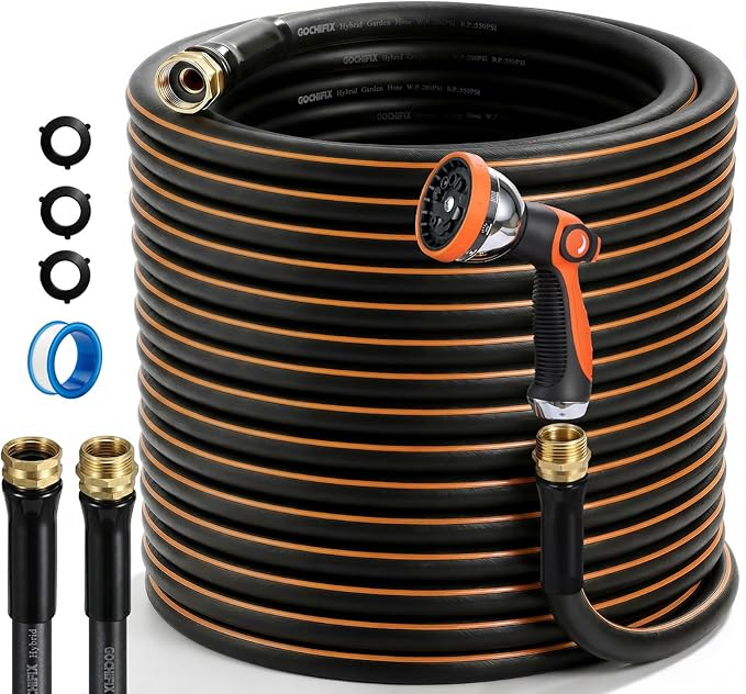 Garden Hose, 50ft 5/8" Heavy Duty Rubber Water Hose w/ 10-Mode Spray Nozzle, 550 PSI Burst, 360° Anti-Kink Swivel Connectors, All-Weather Flexible, Leakproof 3/4" Brass Male to Female Fittings