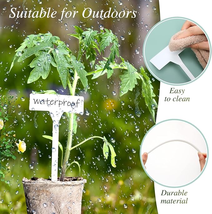 202 Pcs Large Plant Labels Kit, Include 100 Outdoor Plastic Plant T Type Tags Waterproof Reusable Plant Markers Stakes, 100 PET Films and 2 Marker Pens for Garden Herbs Flowers Pot (White, 6 Inch)