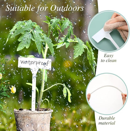 202 Pcs Large Plant Labels Kit, Include 100 Outdoor Plastic Plant T Type Tags Waterproof Reusable Plant Markers Stakes, 100 PET Films and 2 Marker Pens for Garden Herbs Flowers Pot (White, 11.8 Inch)