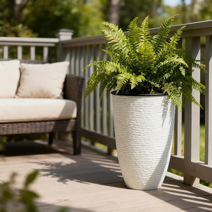 WORTH Garden 2-Pack 21" H. White Tall Planters with Inside Pots - 14'' Dia Plastic Large Round Plant Tree Pots - Decorative Imitation Stone Finish for Indoor Outdoor Front Porch Container Patio