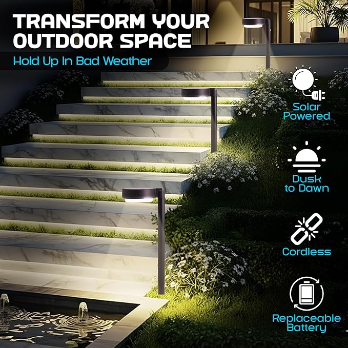Solar Pathway Light Outdoor (Warm White) - 4 Pack - with Integrated Solar Panel, Weather-Resistant Die-Cast Aluminum, LED Path Light for Garden, Yard, or Patio – Easy Stake Installation, Outdoor Use