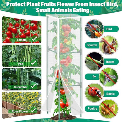 3 Pack Garden Bird Netting Plant Cover for Square Tomato Cage,14.6"x14.6"x51.2" Insect Bird Barrier Tomato Cage Net with Zipper Drawstring,Tomato Trellis Netting Protection Cover for Protecting Plants