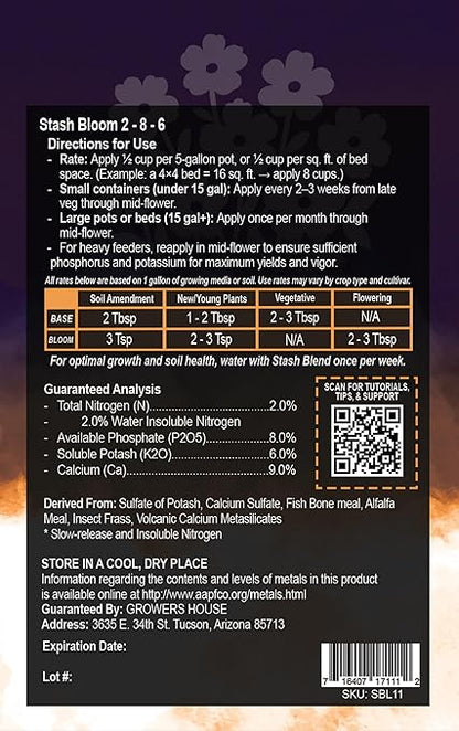 Stash Bloom Organic Bloom Booster (2-8-6) – Premium All-Natural Flowering Nutrient & Bud Builder for Heavy Yields – Concentrated Dry Soil Amendment with 9% Calcium & Fish Bone Meal (15 lbs)
