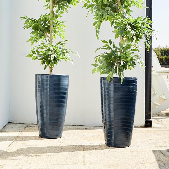 Glitzhome 22.5"H Oversized Tall Plnters, Large Planters for Outdoor Plants, Faux Ceramic Textured Turquoise Tall Planter with Drainage Holes, Large Flower Pots for Porch Outdoor Indoor Garden,Set of 2