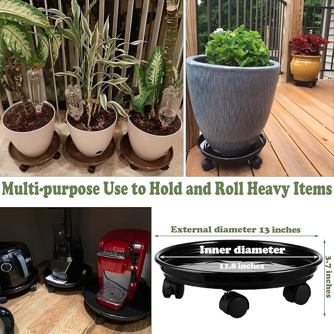 6 Packs Plant Caddy with Wheels 11.8" Plastic Rolling Plant Dolly Coasters Heavy-duty Wheeled Planter Mover Rollers Indoor Outdoor Wheeled Flower Pot Base Suacers with Casters, Black