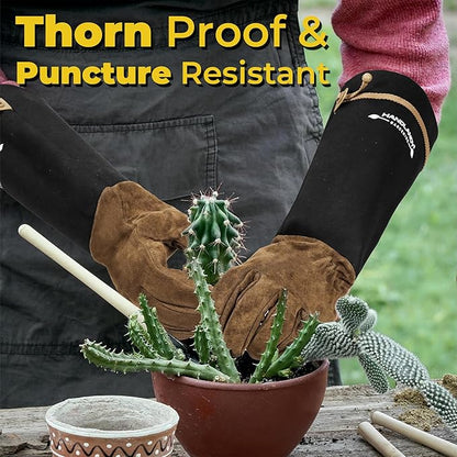 HANDLANDY Long Gardening Gloves for Men & Women, Pigskin Leather Rose Pruning Gloves, Breathable Thorn Proof Gauntlet Glove (Brown-Pigskin, XL)