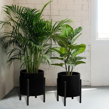 ARNIS Modern Plant Pots, Set of 2 Large Planters with Stand, Decorative Planters, Metal Pots with Drainage Holes for Living Room, Office, Garden or Balcony, 8.25 &10.5 Inch, Blcak