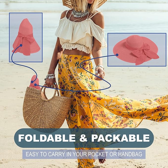 Women's Wide Brim UPF 50+ Straw Sun Hat with Bow - Foldable Packable Summer Beach Hat with Chin Strap