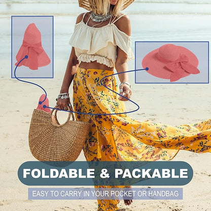 Women's Wide Brim UPF 50+ Straw Sun Hat with Bow - Foldable Packable Summer Beach Hat with Chin Strap