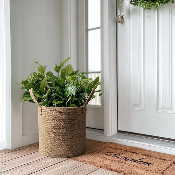 Round Wicker Basket with Handle, 11"x11" Woven Jute Plant Basket for 10" Pot, Indoor Boho Tree Planter, Decorative Flower Pot Cover, Rustic Holder for Plants and Decor, Shoe Bin for Entryway