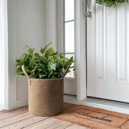 Round Wicker Basket with Handle, 11"x11" Woven Jute Plant Basket for 10" Pot, Indoor Boho Tree Planter, Decorative Flower Pot Cover, Rustic Holder for Plants and Decor, Shoe Bin for Entryway