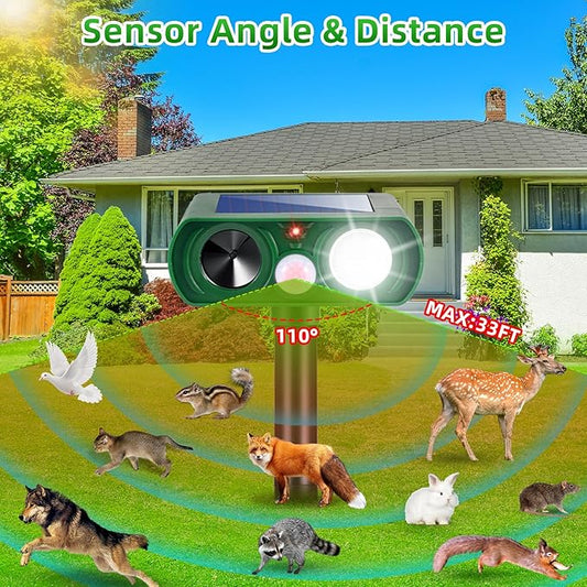 Upgraded Ultrasonic Solar Animal Repellent Outdoor Deer Repellent Devices Cat Deterrent Motion Detection Strobe Light IP65 Waterproof Repeller for Squirrel Racoon Dog Rabbit,Garden Yard,2 Pack