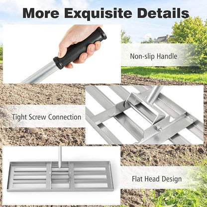 30" x 10" Lawn Leveling Rake, Heavy Duty Landscape Rake with 67" Handle, Non-Slip Grip & Flat Head, Space-Saving Lawn Level Tool for Garden, Backyard, Golf Course & Sports Field(Silver)