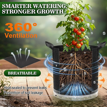 5 Pack 7 Gallon Self-Watering Grow Bags, Thick Nonwoven Fabric Pots with Support Rings and Reinforced Handles, Self-Watering Planters with Bottom Reservoir for Tomatoes Peppers Potatoes and Vegetables