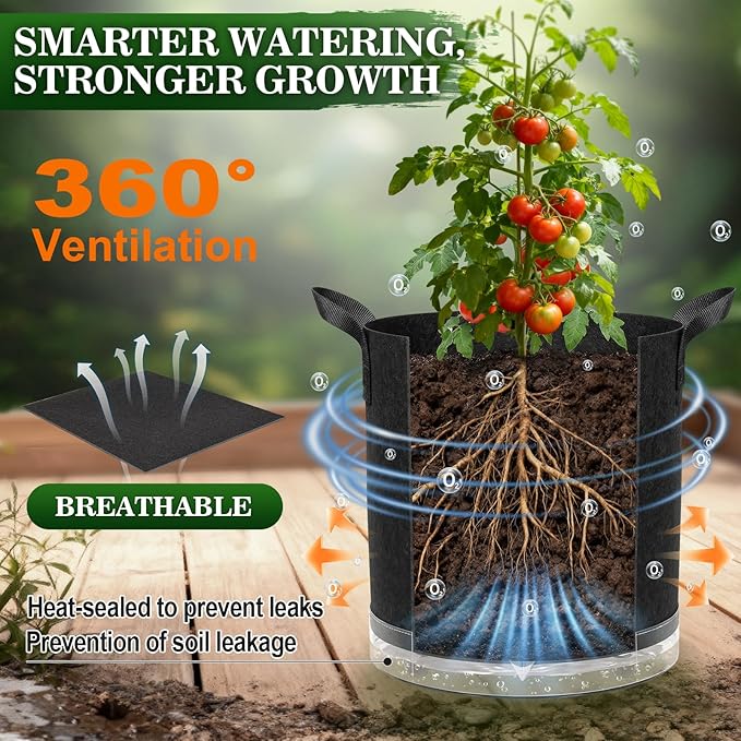 3 Pack 7 Gallon Self-Watering Grow Bags, Thick Nonwoven Fabric Pots with Support Rings and Reinforced Handles, Self-Watering Planters with Bottom Reservoir for Tomatoes Peppers Potatoes and Vegetables