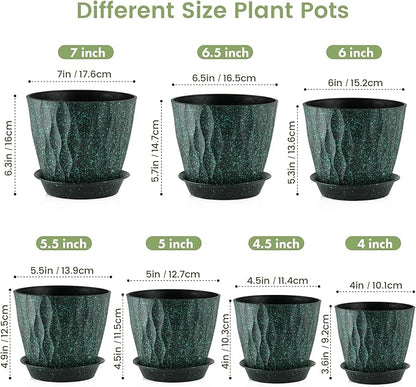 7/6.5/6/5.5/5/4.5/4 inch Plant Pots for Indoor Outdoor Plants, 7 Pack Thick Flower Pots with Drainage Holes and Saucers, Wave Texture Plastic Planters Nursery Pots, Black with Green Speckles