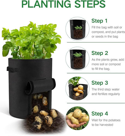 6-Pack 15 Gallon Potato Grow Bags – Durable Nonwoven Fabric Planters with Reinforced Handles | Reusable Garden Containers for Potatoes, Vegetables (Black, 15 Gallons/6 Pack)