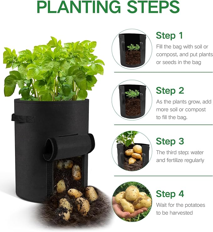 6-Pack 10 Gallon Potato Grow Bags – Durable Nonwoven Fabric Planters with Reinforced Handles | Reusable Garden Containers for Potatoes, Vegetables (Black, 10 Gallons/6 Pack)