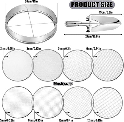 Bonuci 10 Pcs 12 Inch Soil Sieve Stainless Steel Sieve Set Garden Soil Sifter Potting Mix Sifter with 8 Interchangeable Filter Mesh 2, 3, 5, 6, 7, 9, 10, 12 mm and Shovel for Garden Compost(Silver)
