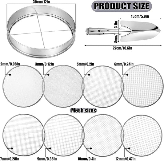 Bonuci 10 Pcs 12 Inch Soil Sieve Stainless Steel Sieve Set Garden Soil Sifter Potting Mix Sifter with 8 Interchangeable Filter Mesh 2, 3, 5, 6, 7, 9, 10, 12 mm and Shovel for Garden Compost(Silver)