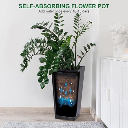 GAOMON 23" Tall Planters Set of 2, Outdoor＆Indoor Black Planter Pots, High Front Porch Planter Pots with Drainage Holes＆Water Level Monitor＆Inner Bucket, Automatic Watering, Convenience Instill