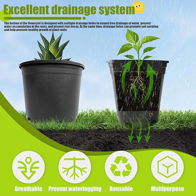 3 Gallon Nursery Pots Plastic Container Injection Molded Pot for Plants Flexible with Drainage Holes Suitable for Plants Soil Growers or Hydroponics Black 10 Pcs