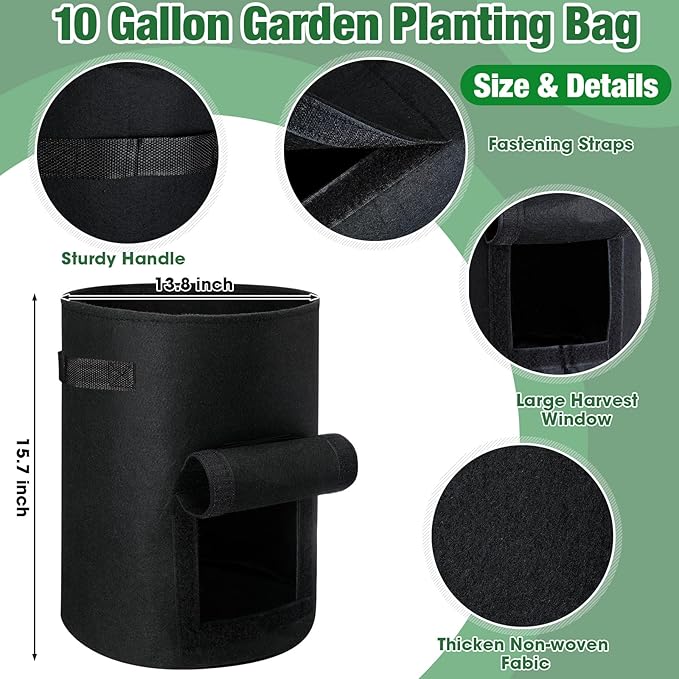 Hushee 10 Pas 10 Gallon Potato Grow Bags Garden Planting Bag with Handle Fabric Thick Fabric Containers for Tomato Vegetable