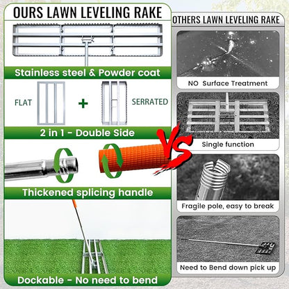 Lawn Leveling Rake, 2-in-1 Double Side can Switch, with 20pc Marking Flags to Mark Low Spot, Stainless + Powder-Coat, FLAT Level Soil/Dirt/Compost on Lawn, SERRATED Rake Dead Grass/Ruts/Gravel on Yard