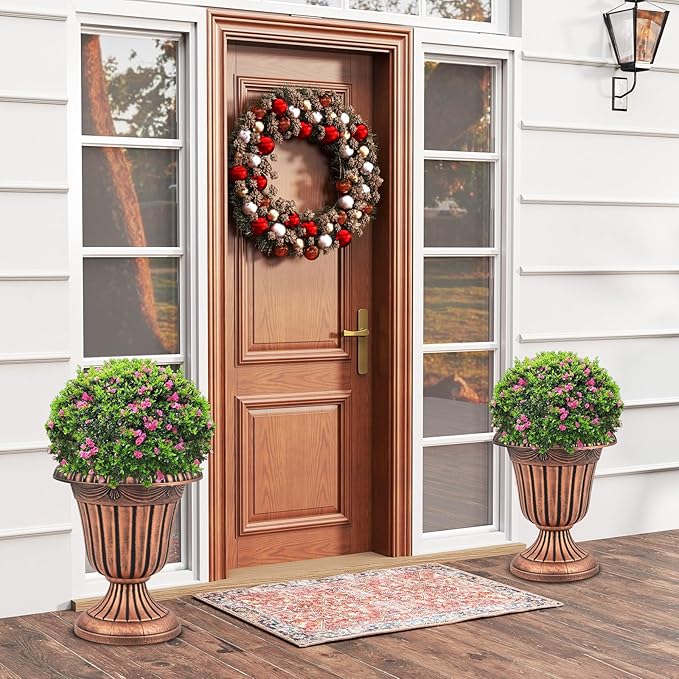 Giantex 18" Tall Vintage Planters Set of 2, Urn Plastic Flower Pots with/Pedestal Base & Pre-Marked Drain Hole, Indoor Outdoor Decorative Plant Containers for Front Porch Home Wedding, Bronze