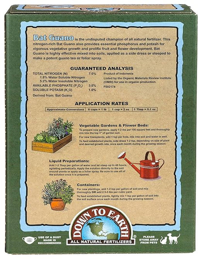 Down To Earth All Natural Fertilizers Organic Bat Guano - High Nitrogen Plant Food for Vegetative Growth 7-3-1, 2 lb