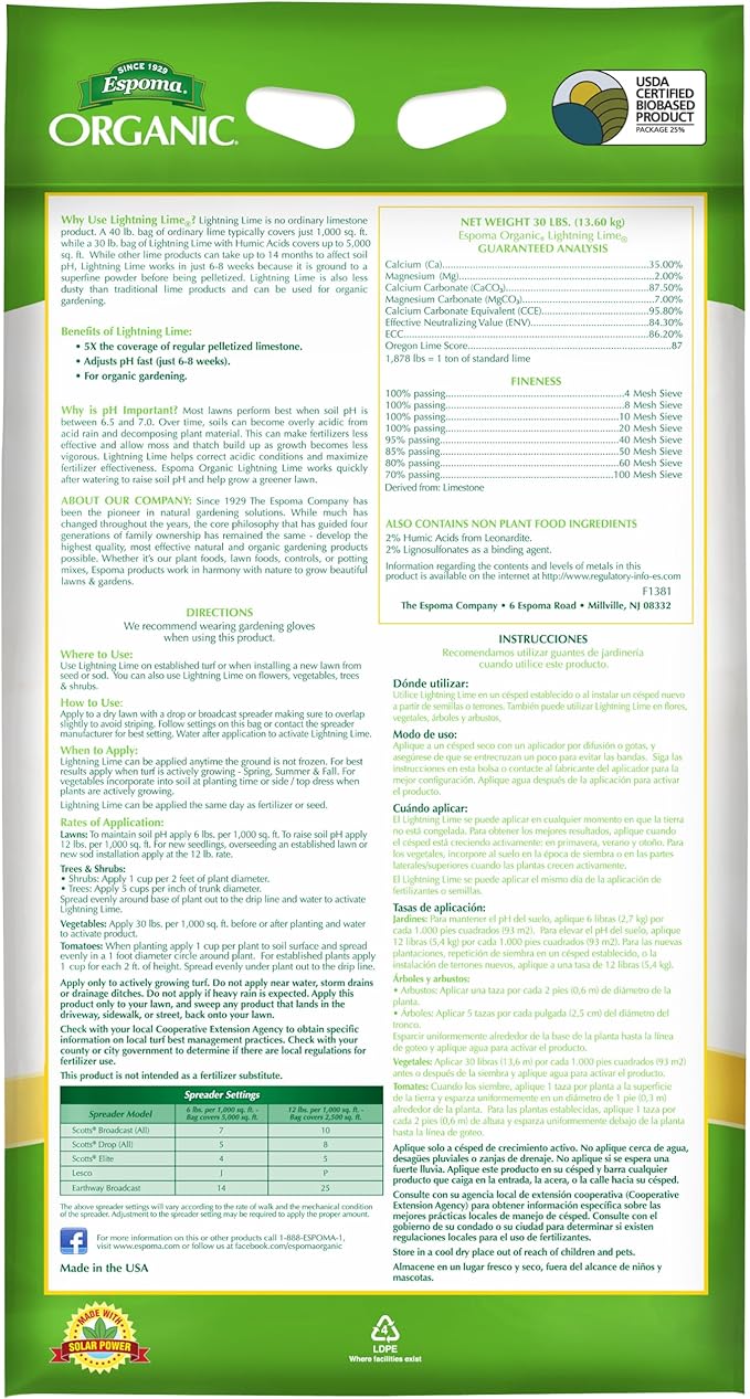 Espoma Organic Lightning Lime, Fast Acting Pelletized Lime for Soil pH Correction on Lawns & Gardens. 30 lb. Bag Covers up to 5,000 Sq. Ft. Pack of One