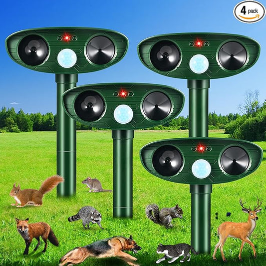 2026 Upgraded Solar Ultrasonic Animal Repellent Outdoor Cat Deer Repellent with Motion Sensor IP65 Waterproof Squirrel Raccoon Fortress Pro Keep Rodent Rabbit Dog Out of Yard Garden Farm,4 Pack