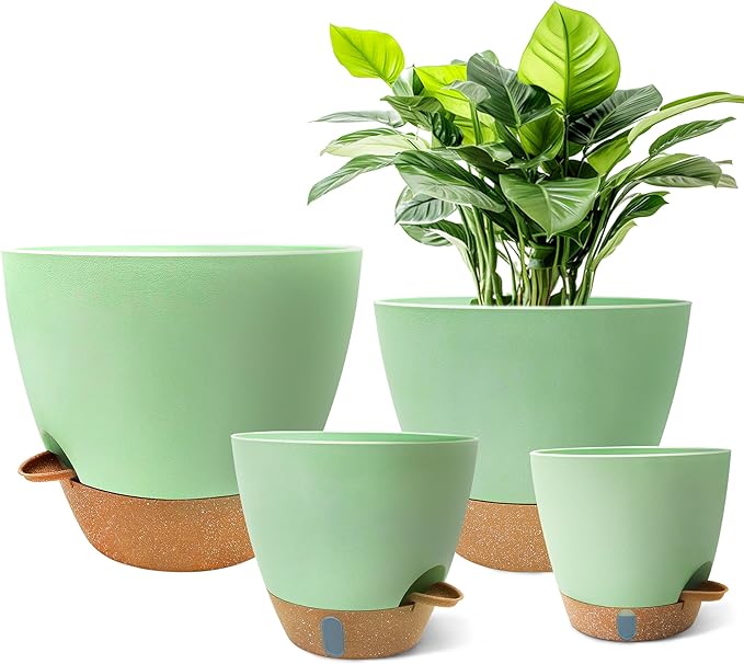 MNKXL 12"/10"/9"/8" Self Watering Pots with Visual Water Window,Extra Large Self Watering Plant Pots with Drainage Holes & Saucers,Green Planters for Indoor Plants,4-Pack