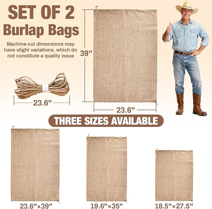 MAQIHAN 2 PCS Burlap Sack - 23.6" x 39" Burlap Bags for Plants High Density Natural Jute Bag of Potatoe Storage Plant Grow Bags with Rope Potato Sacks Race Bag Halloween,Christmas Decorations