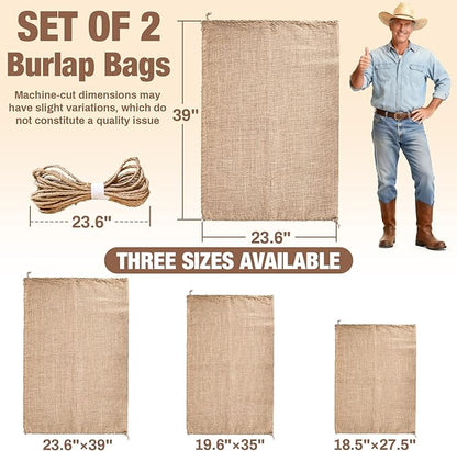 MAQIHAN 2 PCS Burlap Sack - 23.6" x 39" Burlap Bags for Plants High Density Natural Jute Bag of Potatoe Storage Plant Grow Bags with Rope Potato Sacks Race Bag Halloween,Christmas Decorations