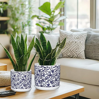 Set of 2 Blue and White Ceramic Plant Pots with Drainage Hole and Saucers, Retro Blue Porcelain Vase Round Planters for Succulent Cactus Indoor Outdoor Garden Home Desktop Decor, 4.5+5.5 Inch