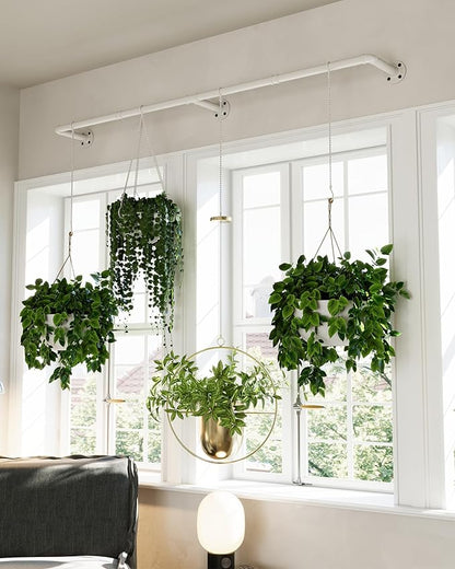 Plant Haning Rod, Hanging Planters for Indoor Plants with 6 Chains, Wall Plant Hanging Bar for Window Celling, 65.7 Inch, Metal White, Pots Not Included