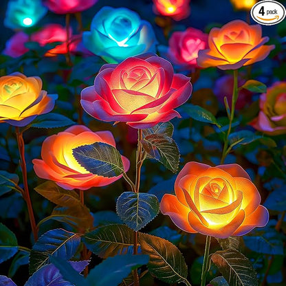 Solar Garden Lights Outdoor, 4 Pack Solar Light Outdoor with 20 Rose Flowers, Waterproof 7 Color Changing Solar Powered Flowers Lights for Outside Patio Yard Pathway