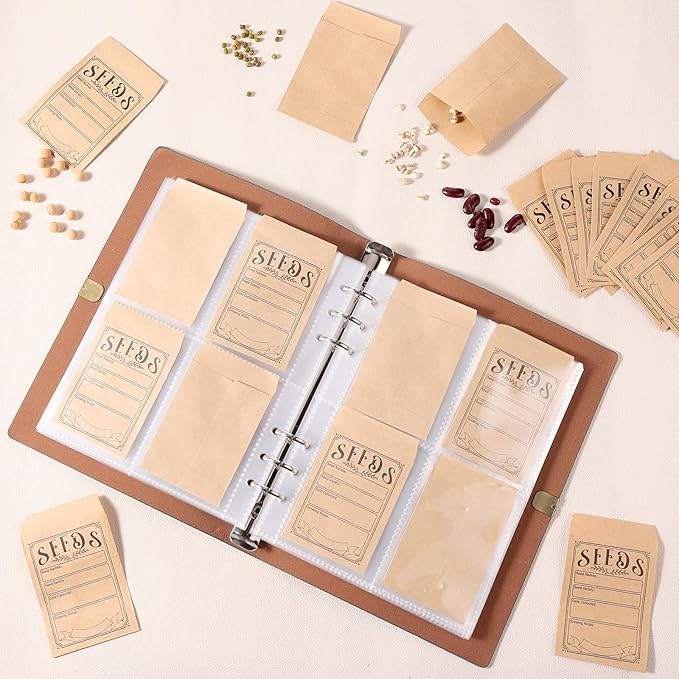 Mkway Garden Seed Storage Organizer Binder - 150 Resealable Seed Envelopes Brown Shell with 40 Sheet Protectors for Efficient Seed Packet Organization - Green