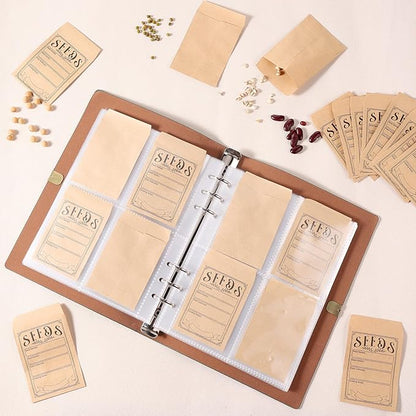 Mkway Garden Seed Storage Organizer Binder - 150 Resealable Seed Envelopes Brown Shell with 40 Sheet Protectors for Efficient Seed Packet Organization - Green