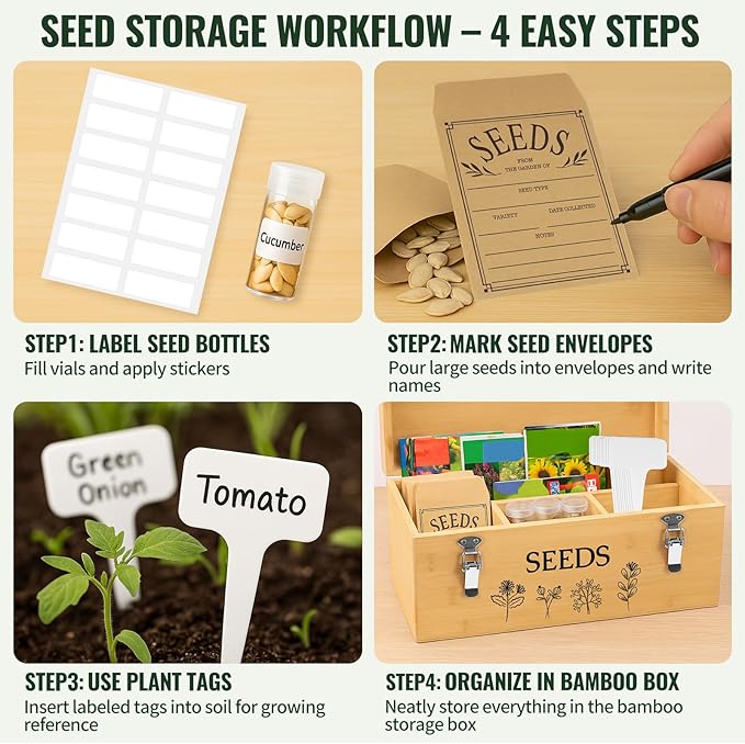 Large Bamboo Wood Seed Storage Organizer Box with Lid,Double-Layer Seal Design Seed Saving Box with 304 Stainless Steel Safety Lock,Handles,Extra Seed Envelopes and Labels (Wood)
