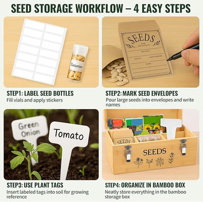 Large Bamboo Wood Seed Storage Organizer Box with Lid,Double-Layer Seal Design Seed Saving Box with 304 Stainless Steel Safety Lock,Handles,Extra Seed Envelopes and Labels (Wood)