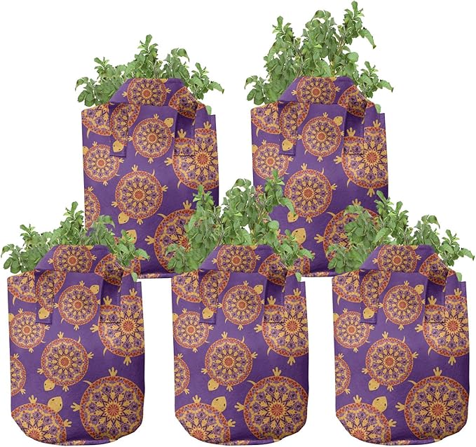 Lunarable Mandala Turtle Grow Bags 5-Pack, Shell Moroccan Style, Heavyduty Fabric Pots with Handles for Plants, Purple Red
